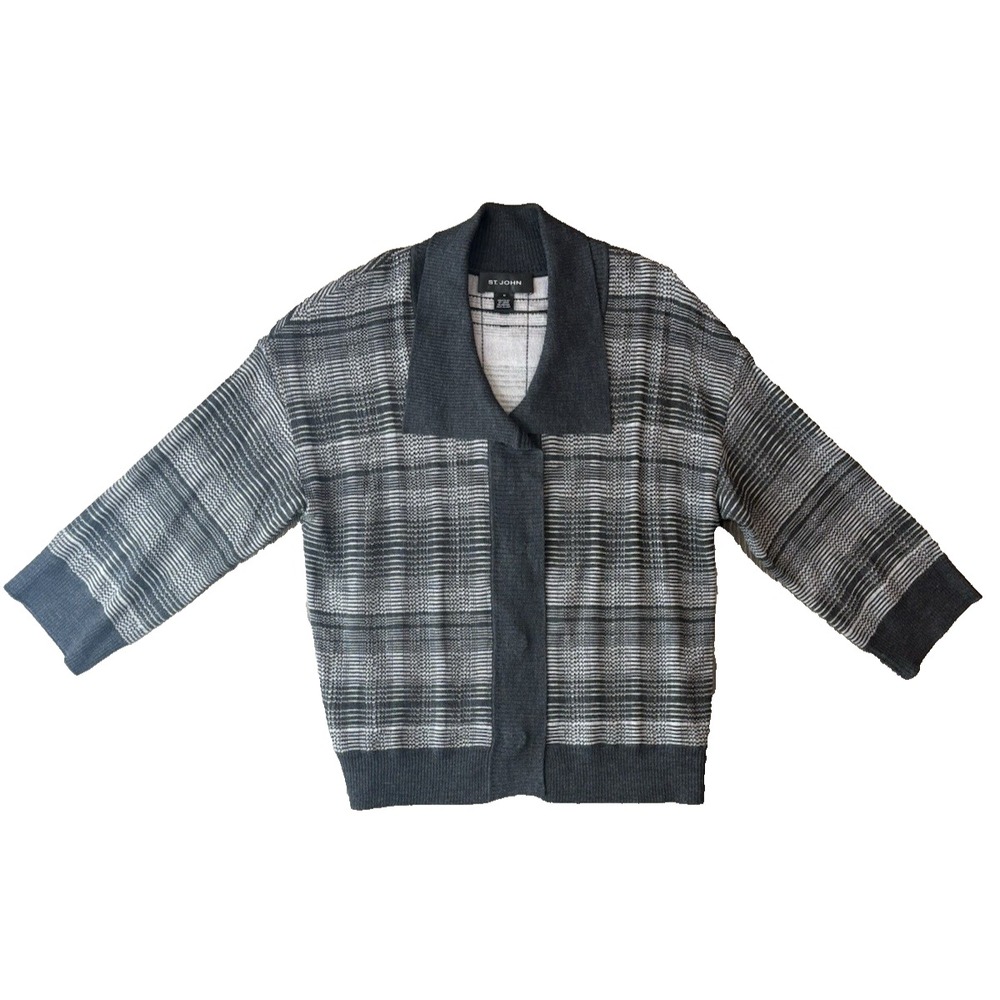 St. John Womens Size M Gray Wool Blend Geometric Snap Front Cardigan Sweater
